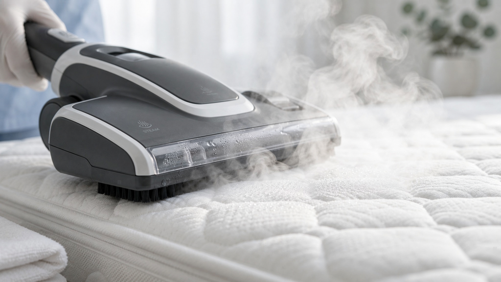 Aspirador a vapor higienizando colchão para eliminar ácaros e alérgenos