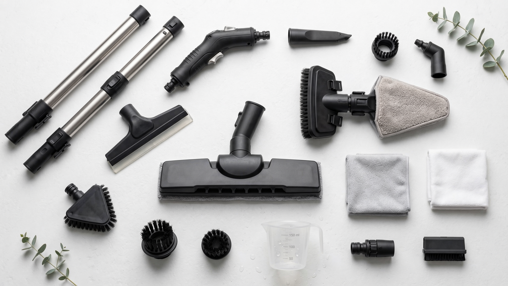 Conjunto de acessórios de aspirador a vapor, incluindo bocais e escovas para diferentes superfícies