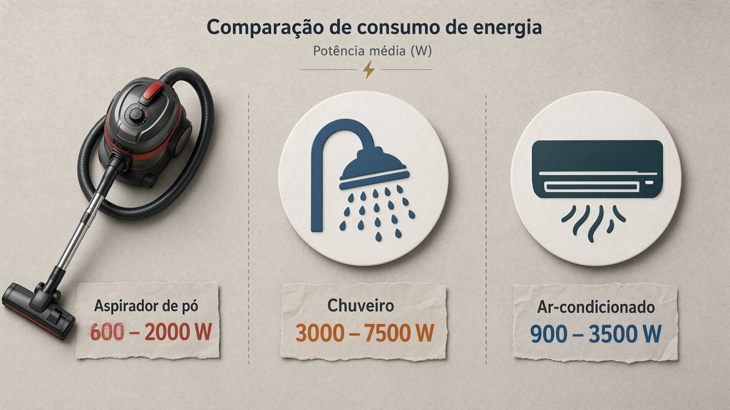 Aspirador de pó ao lado de chuveiro elétrico e ar-condicionado, representando comparação de consumo energético