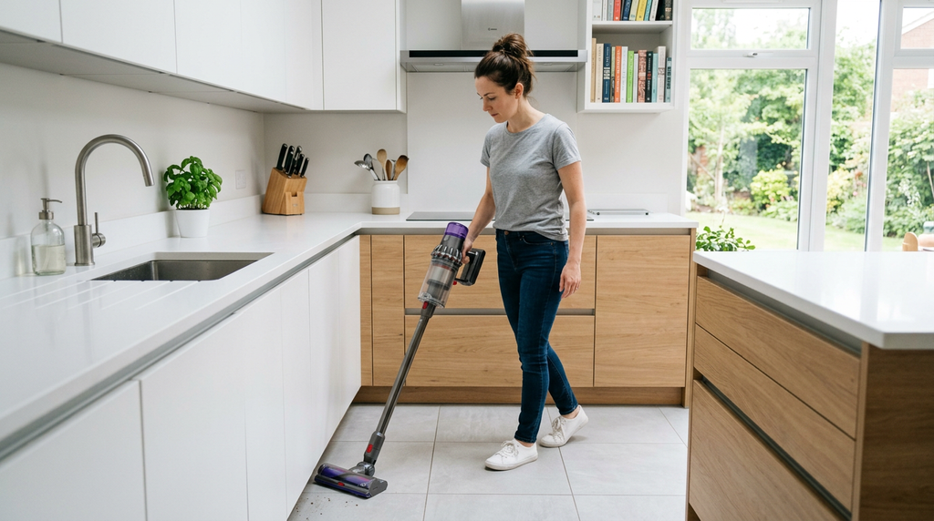 Aspirador de pó sendo usado para limpar piso da cozinha com resíduos alimentares