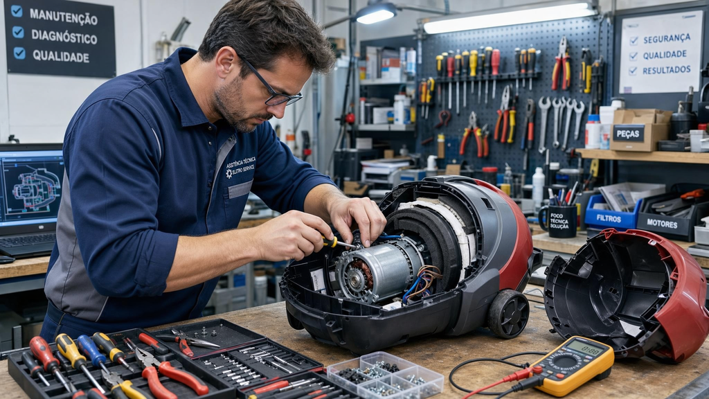Técnico especializado realizando manutenção em aspirador de pó