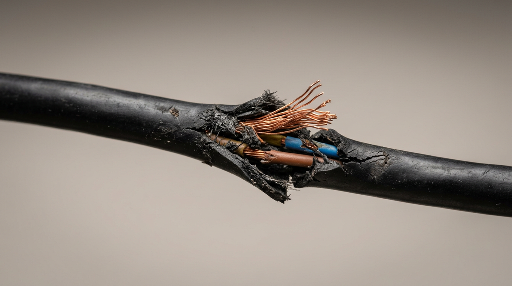 Cabo de alimentação de aspirador de pó danificado com fios expostos