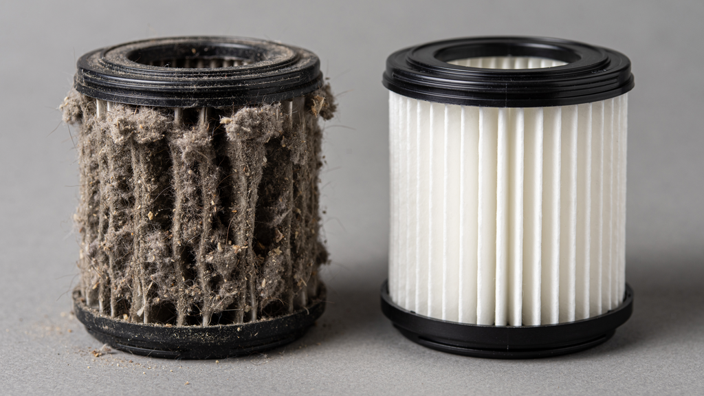 Comparação entre filtro de aspirador de pó sujo e filtro limpo