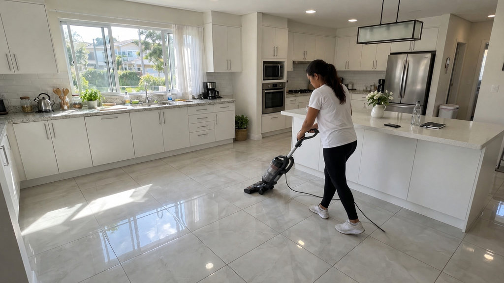 Aspirador de pó sendo usado em piso frio cerâmico, demonstrando praticidade na limpeza