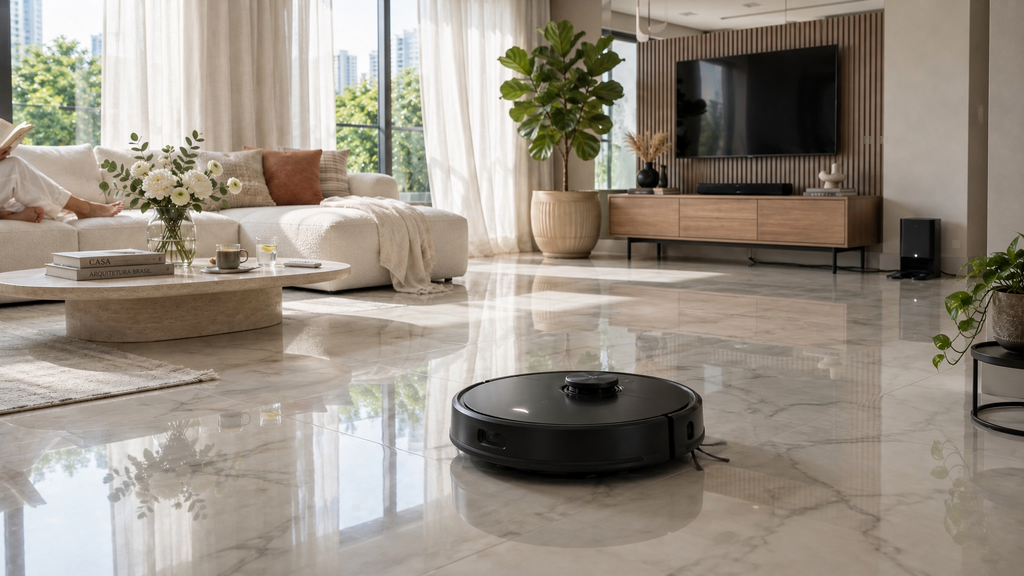 Aspirador robô limpando piso de porcelanato polido, preservando o brilho da superfície