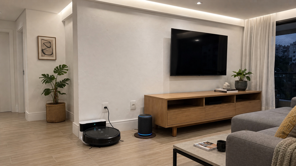 Aspirador robô integrado a sistema de casa inteligente, controlado por assistente virtual