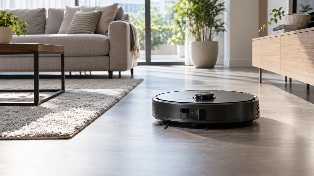Aspirador robô com tecnologia de mapeamento limpando ambiente residencial moderno