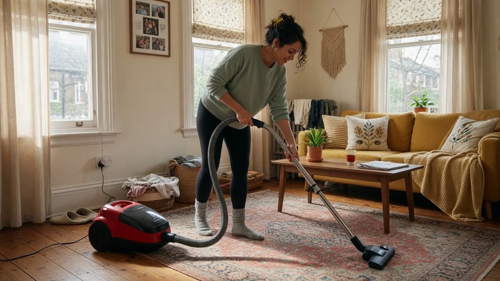Pessoa usando aspirador de pó horizontal para limpar tapete e sofá na sala de estar