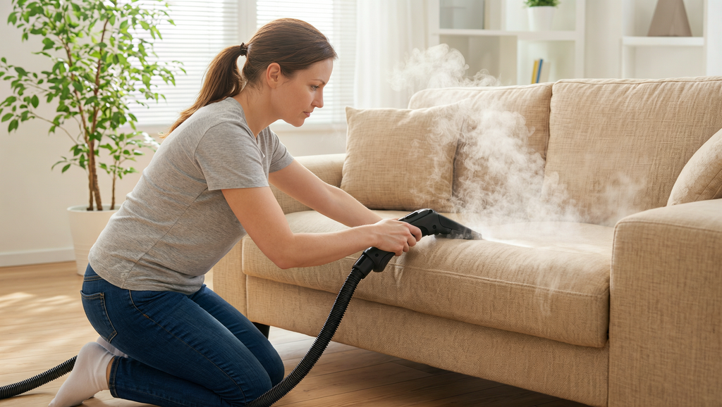 Aspirador a vapor sendo usado para higienizar sofá, demonstrando versatilidade em diferentes superfícies