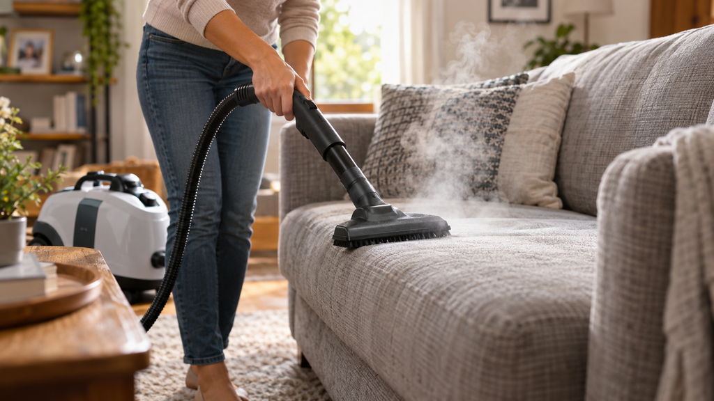 Aspirador a vapor sendo usado para higienizar sofá de tecido