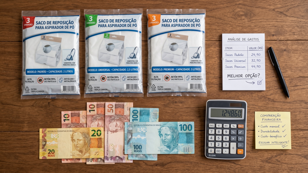 Calculadora e dinheiro ao lado de sacos de aspirador, representando o custo recorrente de manutenção