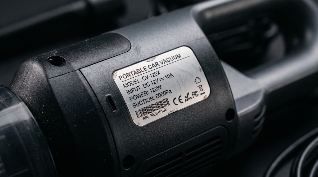 Close-up de aspirador de carro mostrando especificações técnicas de potência e sucção