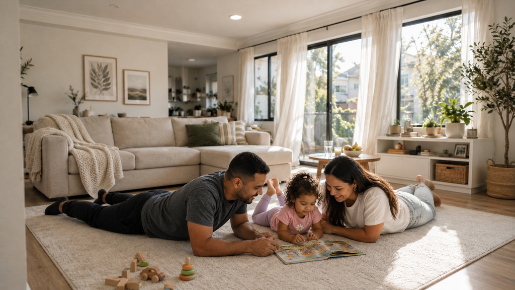 Família em ambiente limpo e saudável após higienização da casa com aspirador a vapor