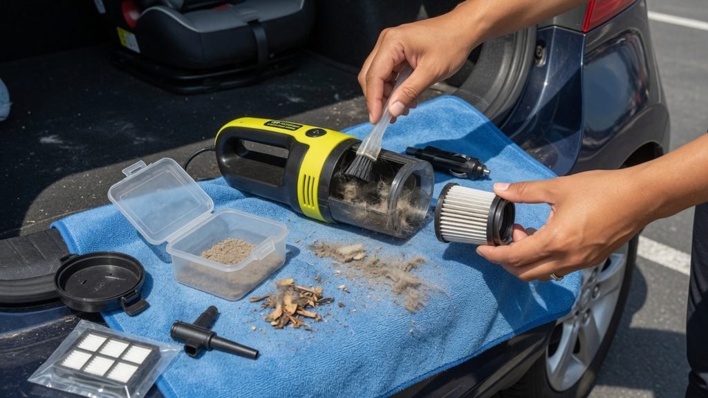 Pessoa limpando filtro de aspirador de carro para manutenção e preservação da potência