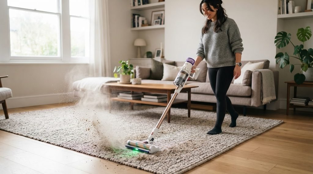 Aspirador sem fio moderno sendo usado com potência equivalente a modelos com fio