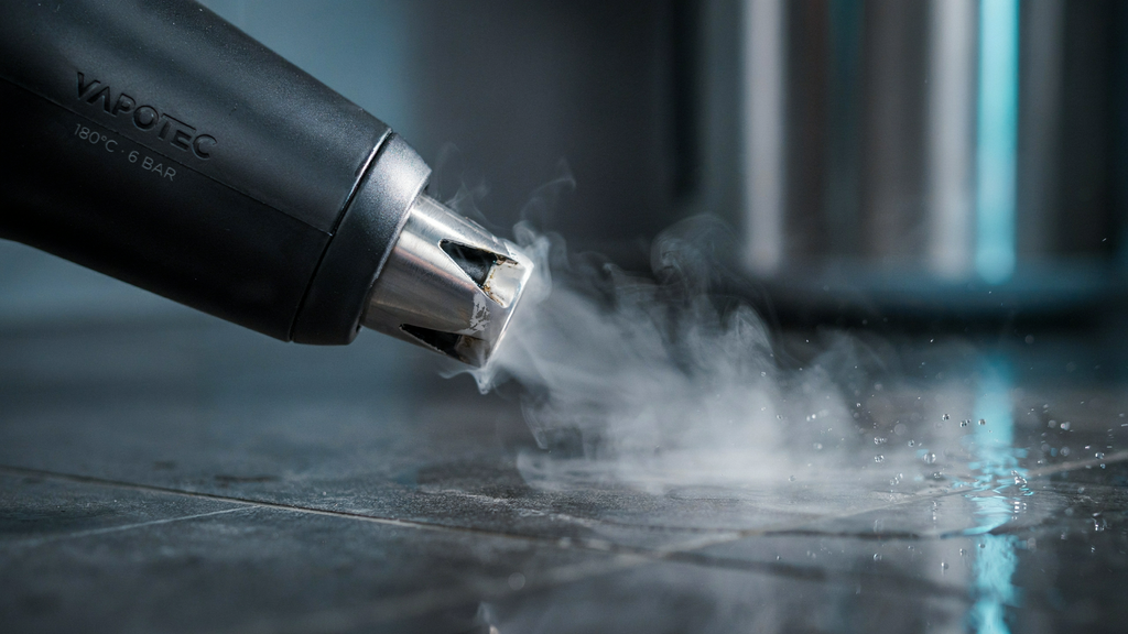 Close-up de bico de aspirador a vapor liberando vapor em alta temperatura sobre superfície