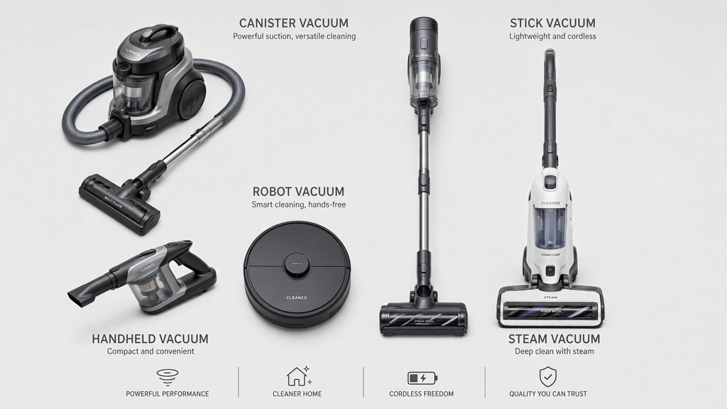 Conjunto com diferentes tipos de aspiradores de pó: cilindro, vertical, robô, mão e vapor