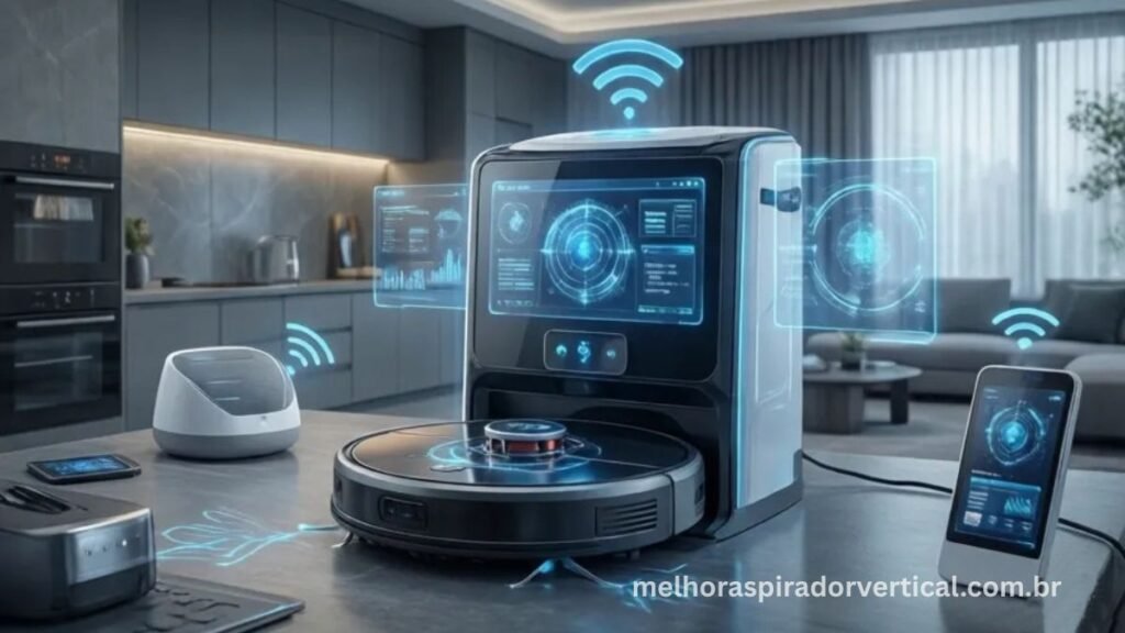 Robô aspirador futurista com inteligência artificial integrada em casa inteligente conectada, visual tecnológico e modernoAspirador robô futurista com inteligência artificial em uma casa inteligente e conectada