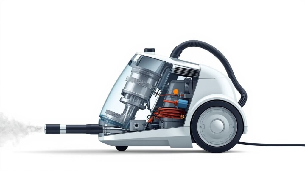 Diagrama ilustrativo mostrando o funcionamento interno de um aspirador a vapor com reservatório de água e saída de vapor