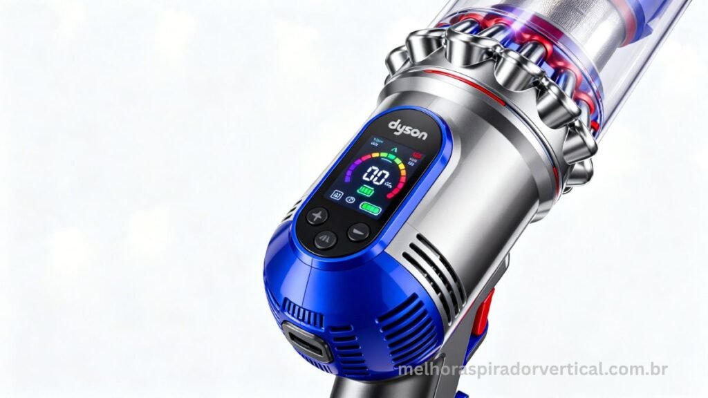 Dyson V11 Absolute em destaque mostrando design inline, display LCD e construção premium em alumínio e plástico