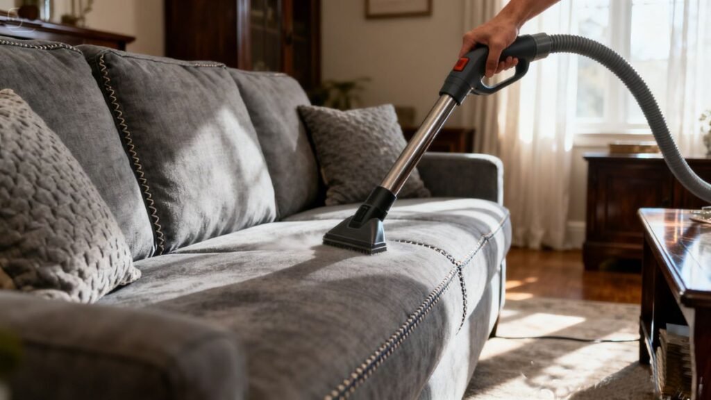 Pessoa usando bocal para estofados para aspirar sofá de tecido cinza, focando nas costuras