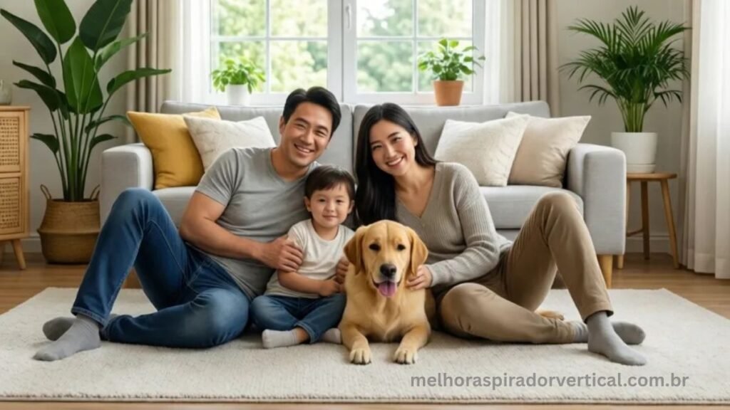 Família com crianças e pet em sala limpa e saudável após aspiração com filtro HEPA do Dyson V11 Absolute