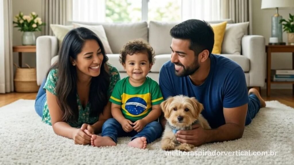 Família brasileira com criança pequena e pet em sala de estar limpa e saudável após uso de aspirador a vapor sem produtos químicos