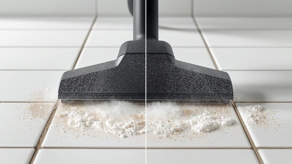 Close-up de bocal de aspirador a vapor limpando rejunte de azulejo com vapor visível