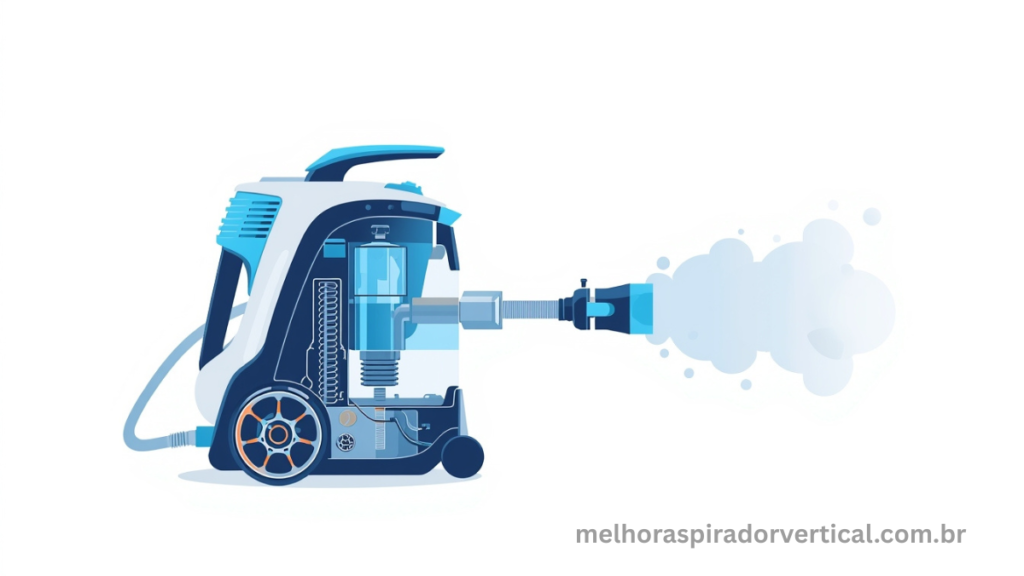 Ilustração do funcionamento interno de um aspirador a vapor mostrando reservatório de água, sistema de aquecimento e saída de vapor pressurizado