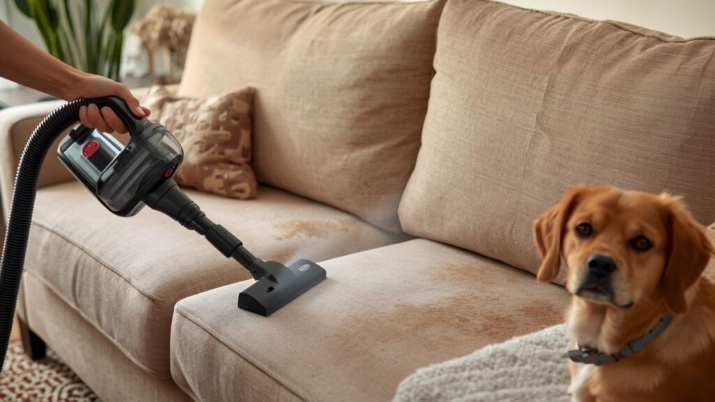 Aspirador a vapor removendo pelos de cachorro de sofá com bocal para estofados