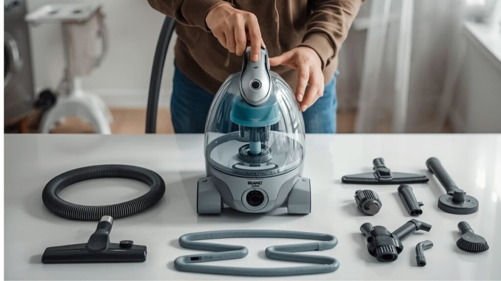 Mãos realizando manutenção de aspirador a vapor, limpando filtro e reservatório