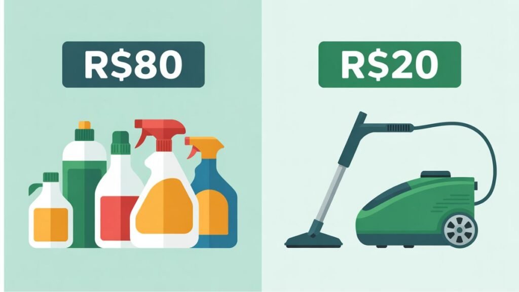 Ilustração comparando gastos mensais com produtos de limpeza antes e depois do uso de aspirador a vapor