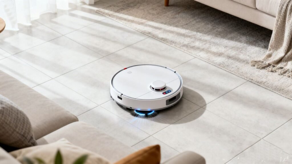 Robô aspirador autônomo limpando sala de estar moderna sem a presença de pessoas