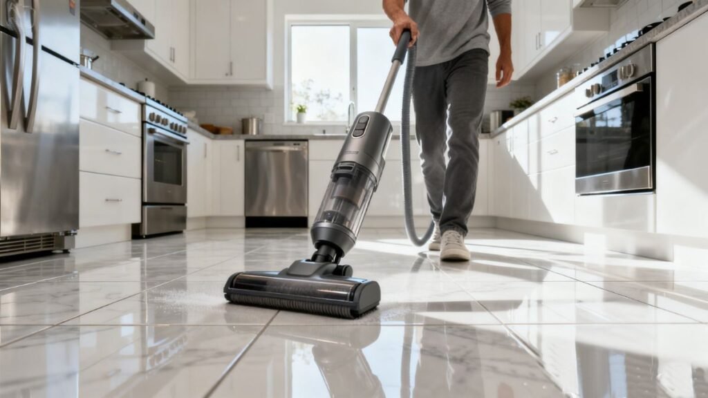 Aspirador de pó com bocal liso sendo usado em piso de cerâmica em cozinha moderna