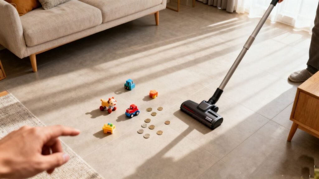 Chão de sala organizado com objetos pequenos sendo removidos antes de aspirar