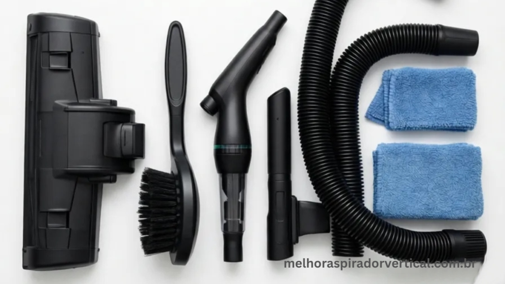 Conjunto de acessórios de aspirador a vapor organizados sobre superfície branca, incluindo bocais, escovas e extensões