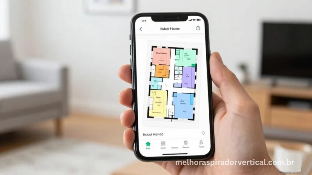Smartphone com app iRobot Home exibindo mapa inteligente da casa com cômodos nomeados e zonas de limpeza