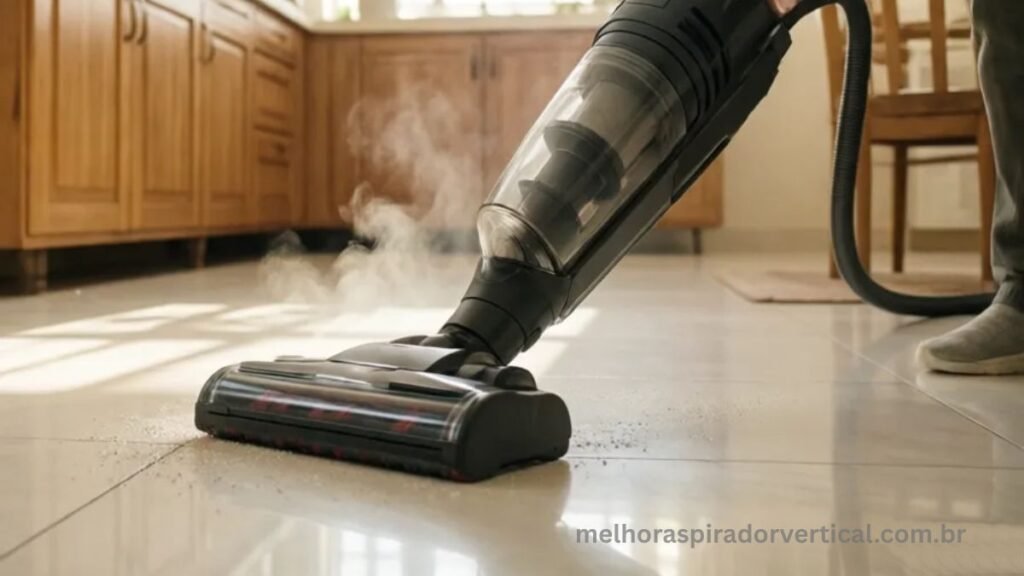 Aspirador a vapor moderno em uso no piso de cerâmica de uma cozinha brasileira limpa e iluminada, com vapor visível saindo do bocal