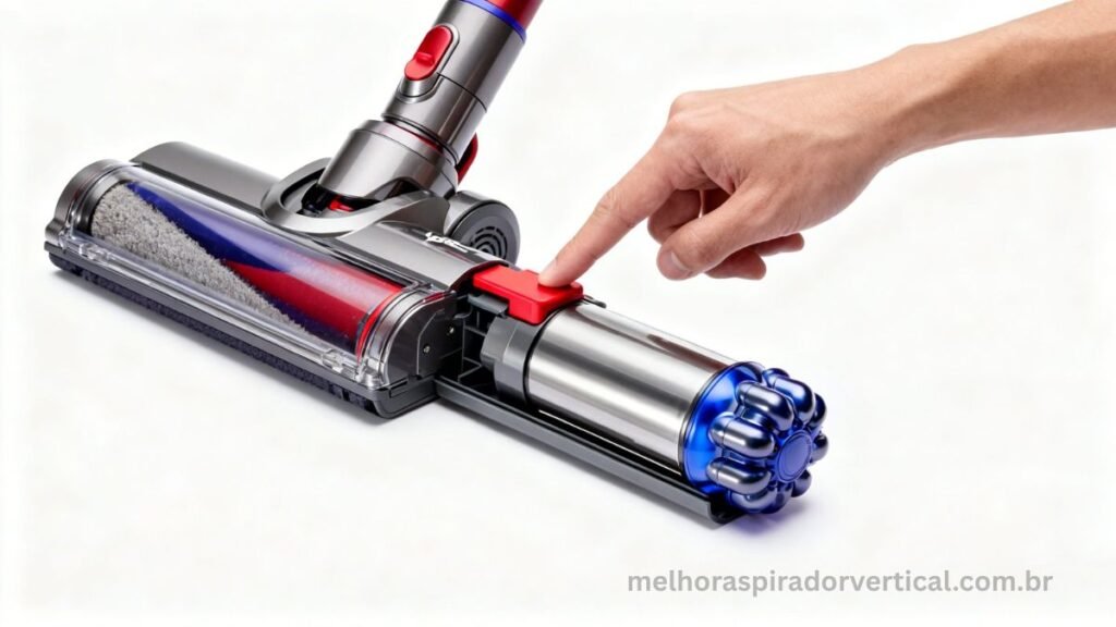 Mão removendo bateria substituível do Dyson V11 Absolute pressionando aba vermelha, sem necessidade de assistência técnica