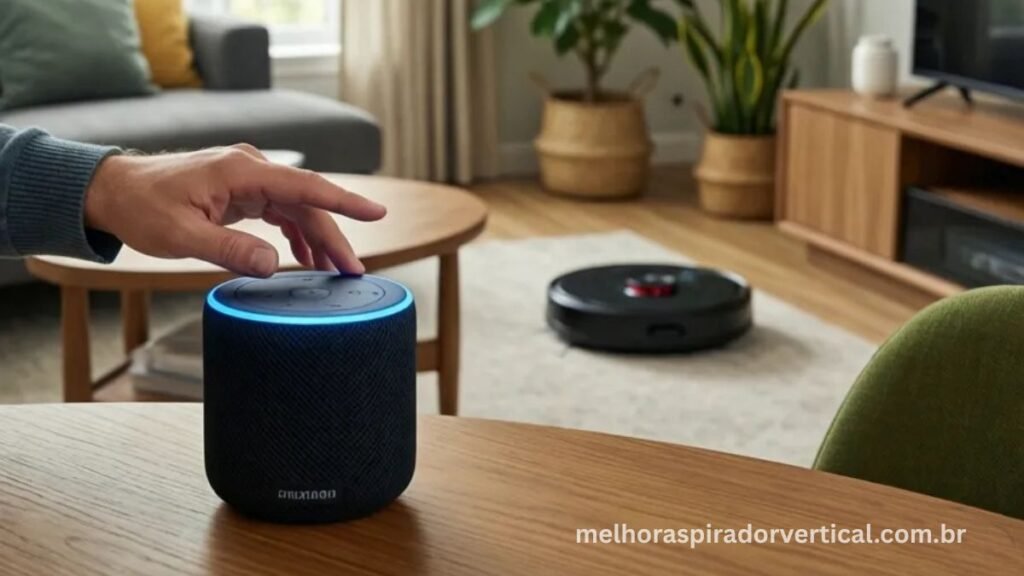 Pessoa dando comando de voz para Amazon Alexa para iniciar limpeza do Roomba i7+ por cômodo específico