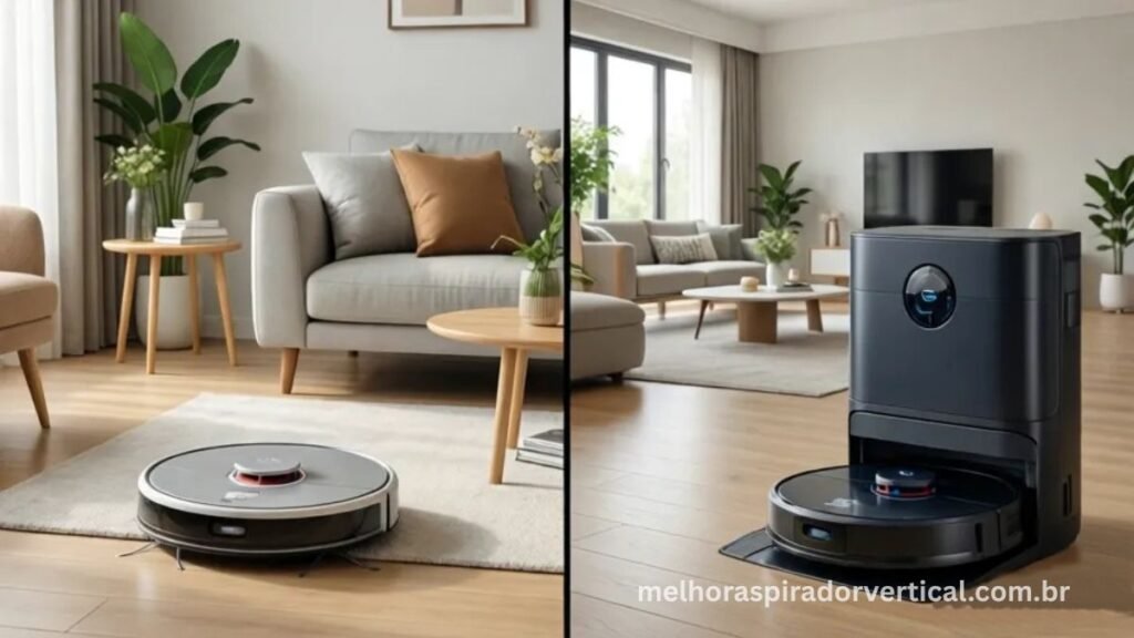 Comparação visual entre robô aspirador básico em apartamento compacto e modelo premium em casa grande com últiplos ambientes
