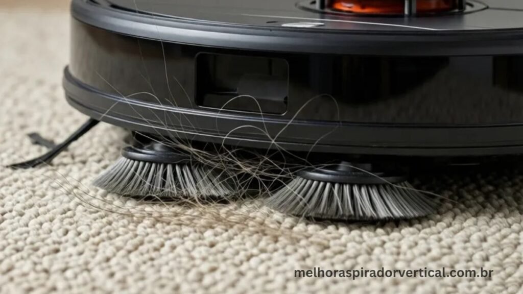 Close-up das escovas de borracha antiemaranhamento do Roomba i7+ coletando pelos de cachorro sem enrolar