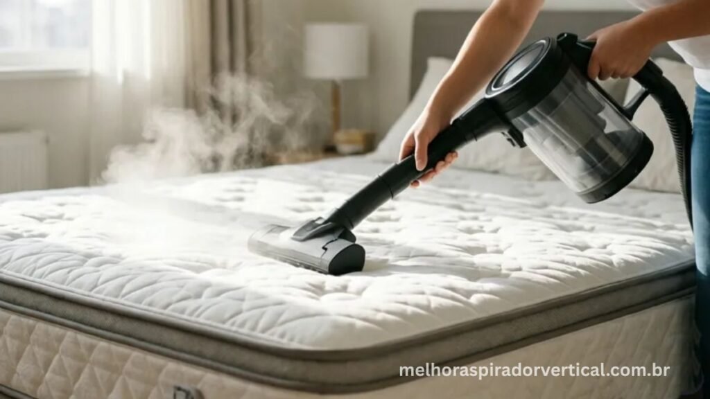 Alt: Pessoa usando aspirador a vapor para higienizar colchão de casal, eliminando ácaros e bactérias com vapor quente