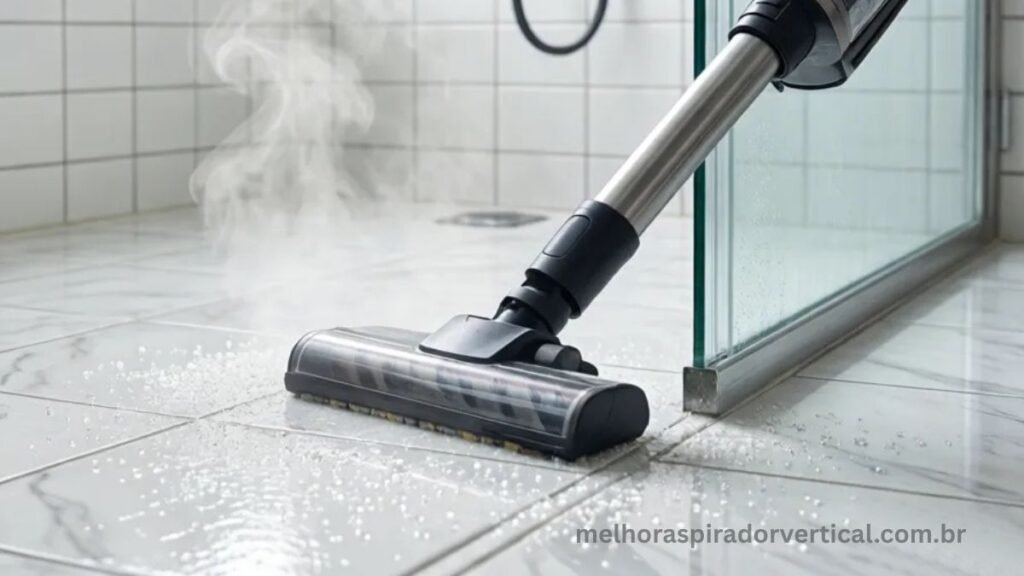 Aspirador a vapor limpando rejunte de azulejo e box de banheiro com vapor, deixando superfície brilhante