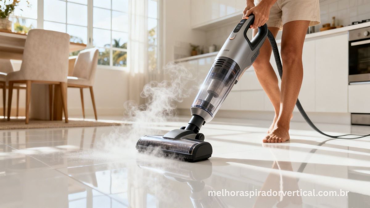 Aspirador a vapor moderno em uso no piso de cerâmica de uma cozinha brasileira limpa e iluminada, com vapor visível saindo do bocal
