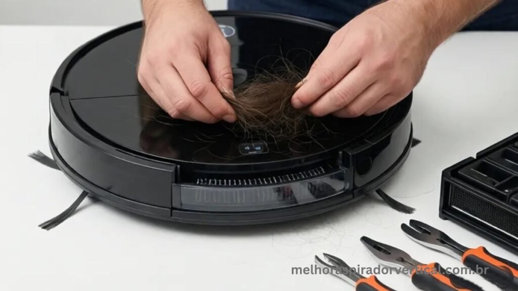 Mãos realizando limpeza semanal de robô aspirador, removendo cabelos das escovas e limpando filtro