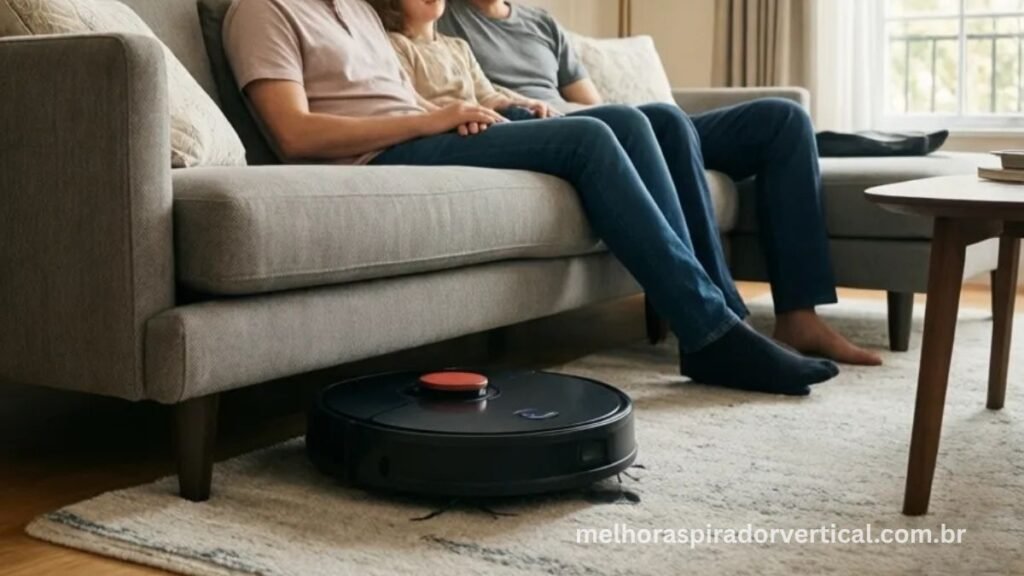 Roomba i7+ com perfil baixo de 9,3cm limpando sob sofá enquanto família descansa na sala