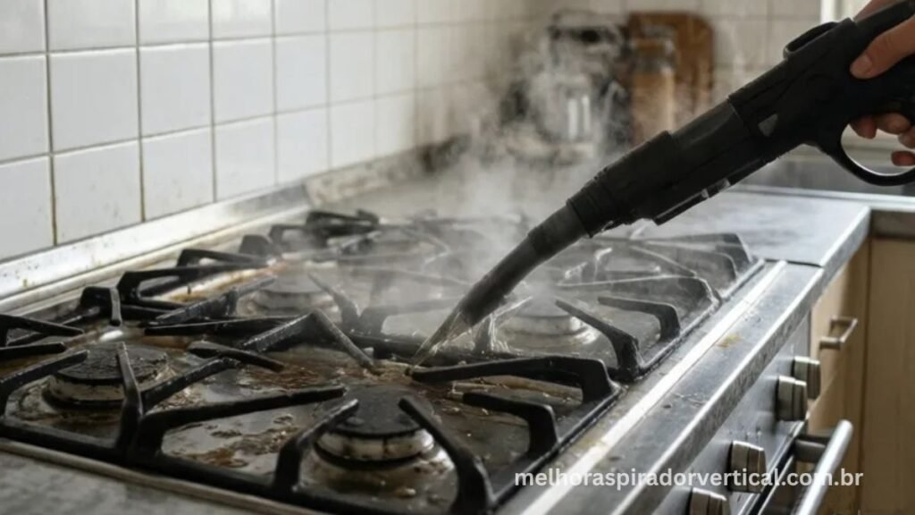 Bocal de aspirador a vapor removendo gordura incrustada de fogão e azulejos de cozinha