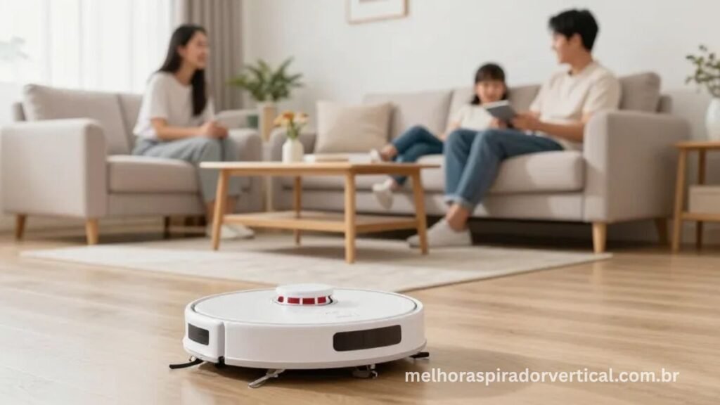 Robô aspirador funcionando de forma autônoma em sala de estar moderna enquanto família descansa ao fundo