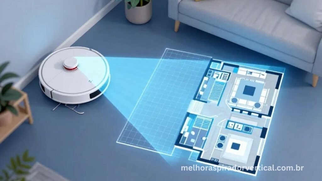 Ilustração de robô aspirador mapeando sala com tecnologia LiDAR, mostrando linhas de rota e mapa digital do ambiente